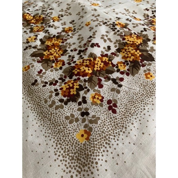 Vintage 1950s 60" Square Woven Crisp Linen Selvedge Brown Gold Floral Tablecloth - Picture 1 of 8